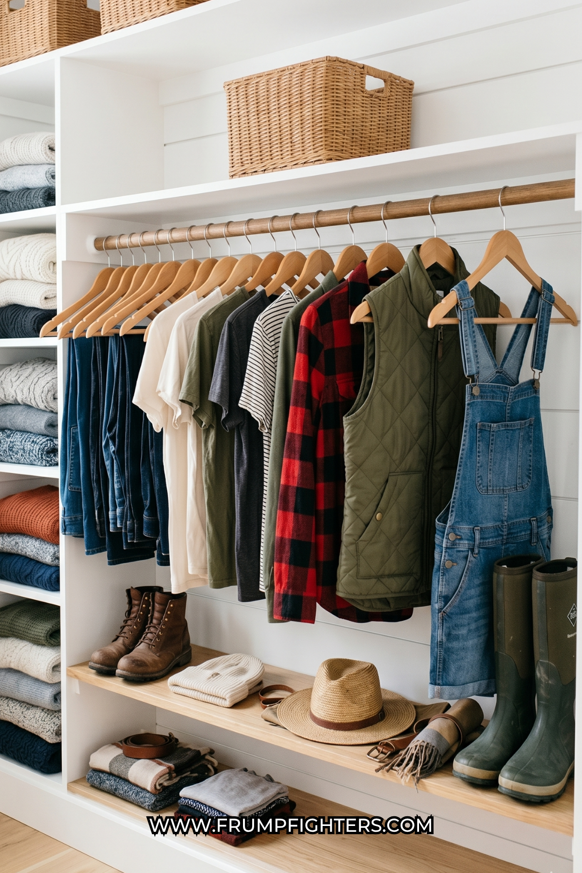 Capsule closet with farm outfits women including plaid shirt, vest, overalls and boots on rack