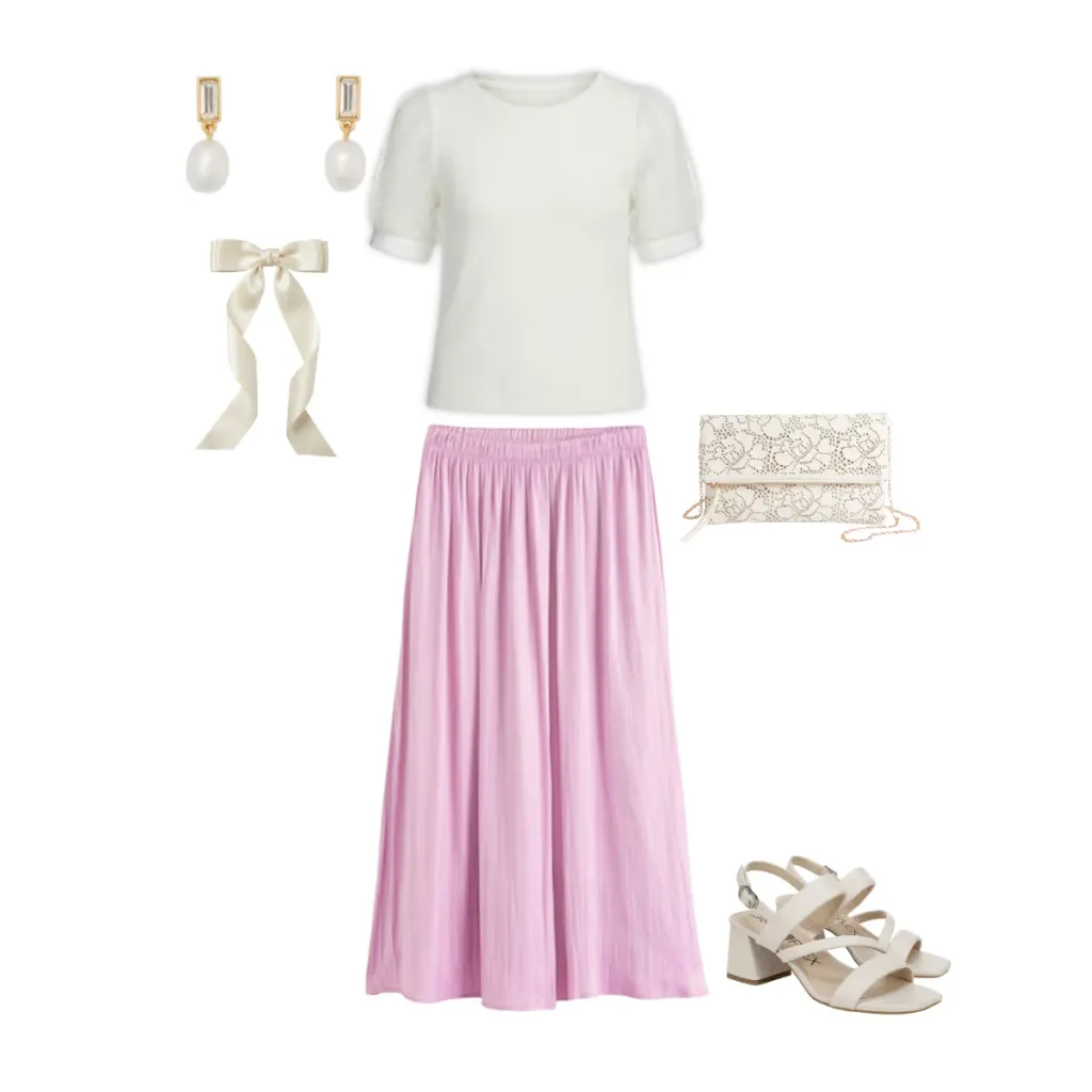 Romantic summer date night outfit with a white puff sleeve top, lavender maxi skirt, and white block heel sandals