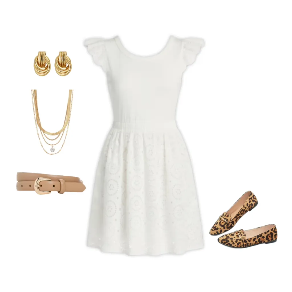 White eyelet flutter sleeve dress styled with leopard loafers and gold jewelry for a summer date night outfit