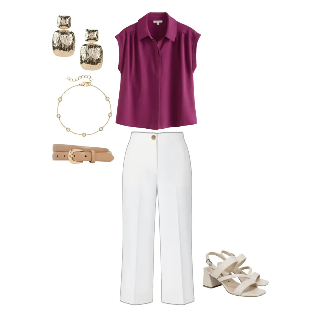 Polished casual summer date night outfit with a berry blouse, white wide leg trousers, and gold statement earrings