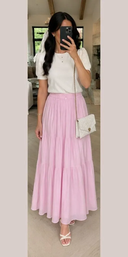 Woman wearing a white puff sleeve top with a pink tiered maxi skirt and white strappy sandals for a romantic summer date night outfit