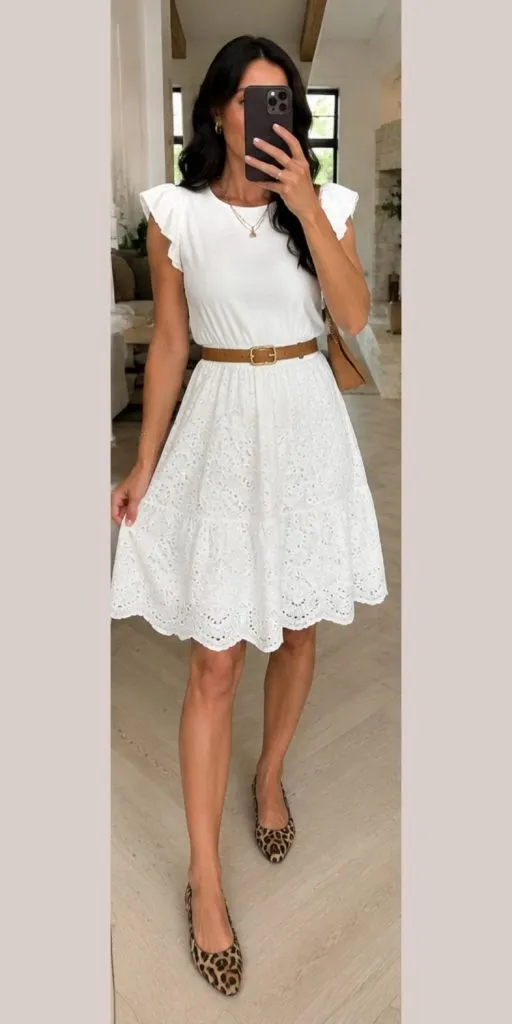 Woman wearing a white eyelet flutter sleeve dress with a tan belt and leopard flats for a cute casual summer date outfit