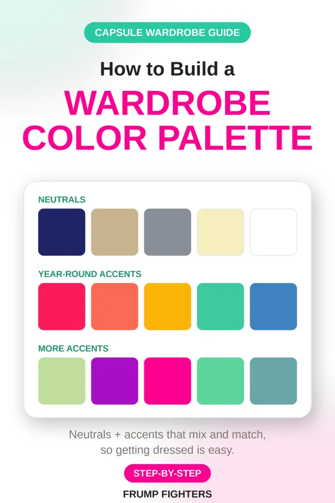 Vertical graphic titled "How to Build a Wardrobe Color Palette" showing rows of neutral and accent color swatches for a capsule wardrobe, in Frump Fighters pink and teal branding.