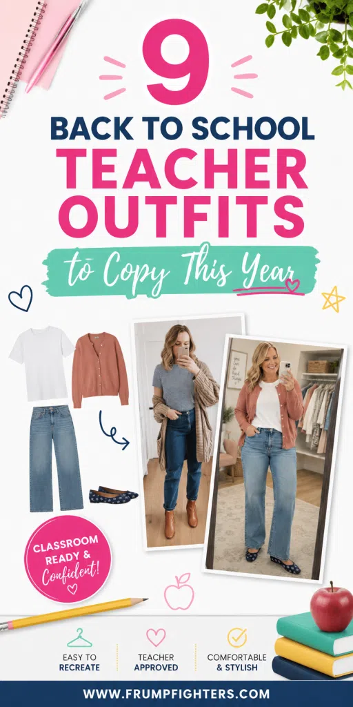 Flatlay of a white tee, cardigan, and jeans next to two teacher outfit photos styled with the same back to school pieces