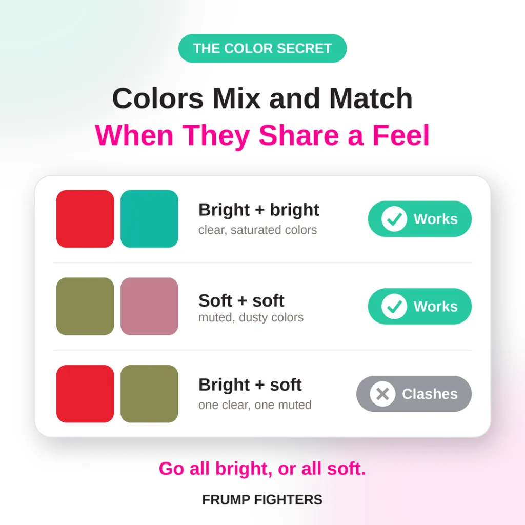 Chart showing bright colors mix with bright, dusty colors mix with dusty, and bright plus dusty colors clash, for a capsule wardrobe color palette