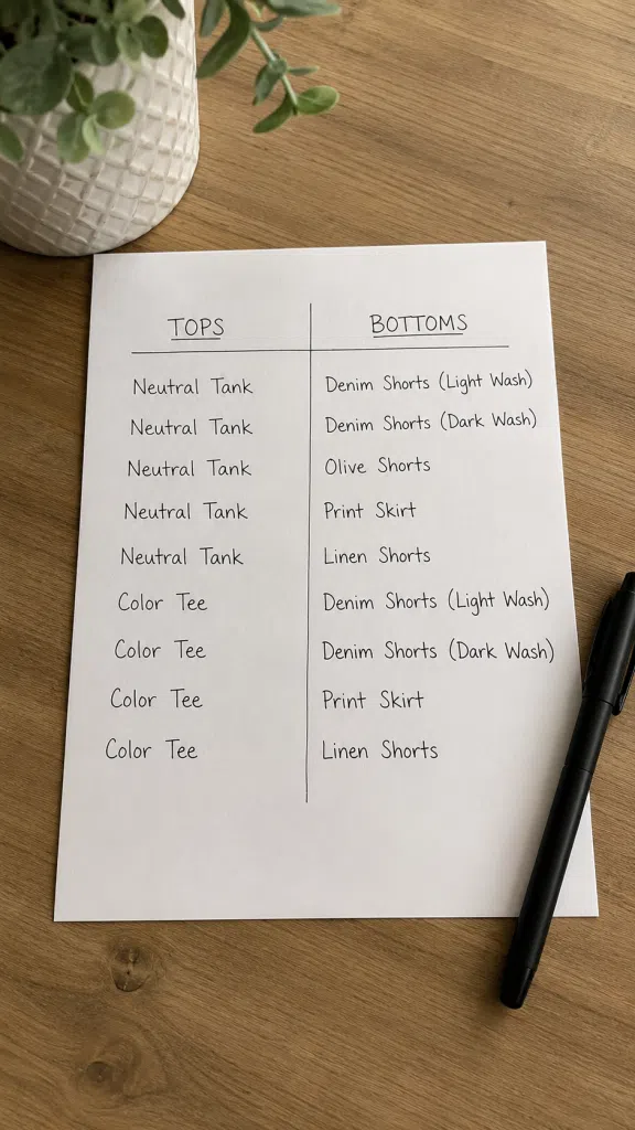 A handwritten two-column list pairing tops like a neutral tank and color tee with bottoms like denim shorts, olive shorts, a print skirt, and linen shorts.