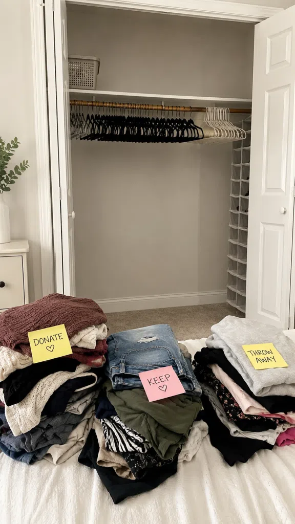 Three piles of folded clothing labeled Donate, Keep, and Throw Away, demonstrating how to declutter a closet before building a capsule wardrobe.