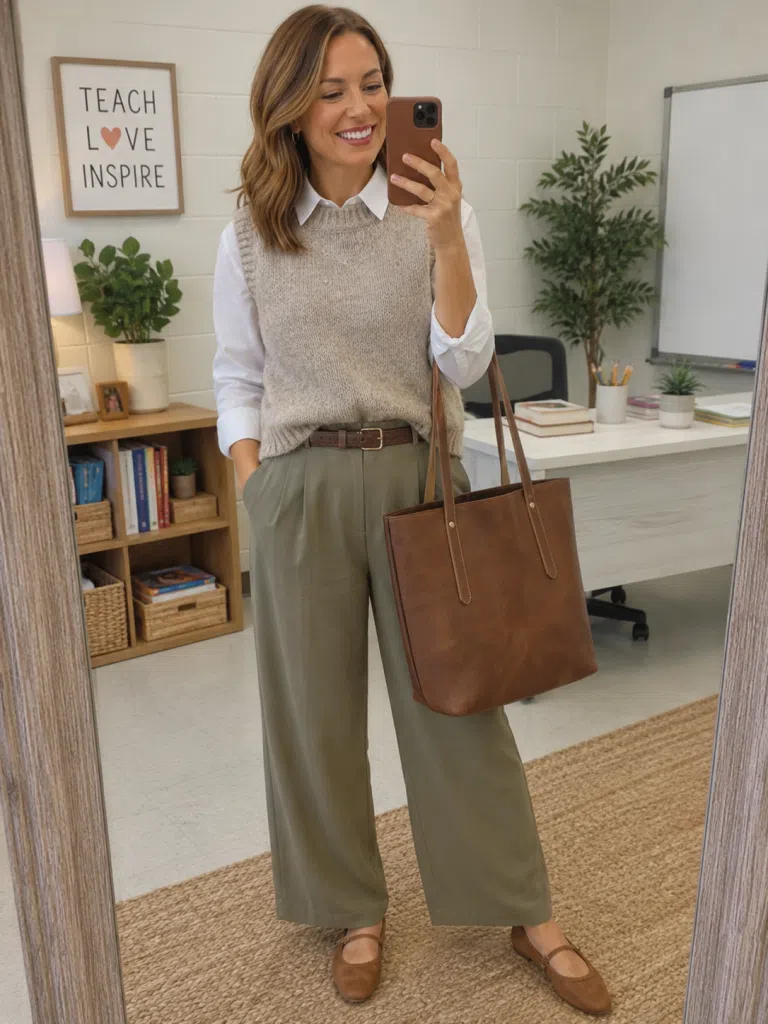 Teacher outfit in a classroom showing a sweater vest with neutral trousers, depicting a professional outfit for teachers in colder weather