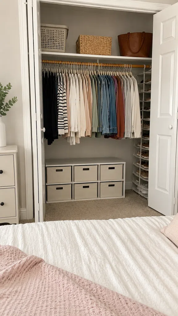 A closet organized by piece type with tops hung in color order and labeled storage bins underneath for shoes and accessories.