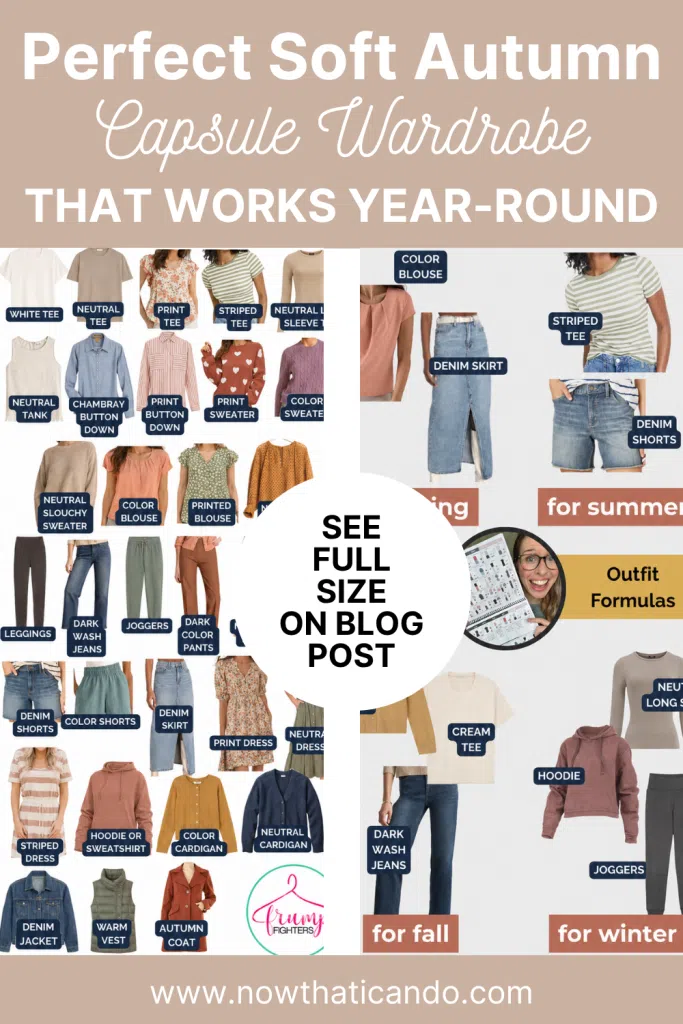 Split collage of perfect soft autumn capsule wardrobe outfits for fall, winter, spring, and summer with outfit formulas