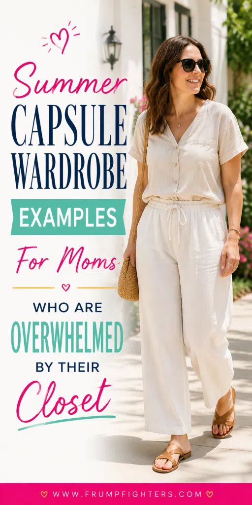 A woman in a cream button-front jumpsuit and tan sandals, one of several summer capsule wardrobe examples for moms.