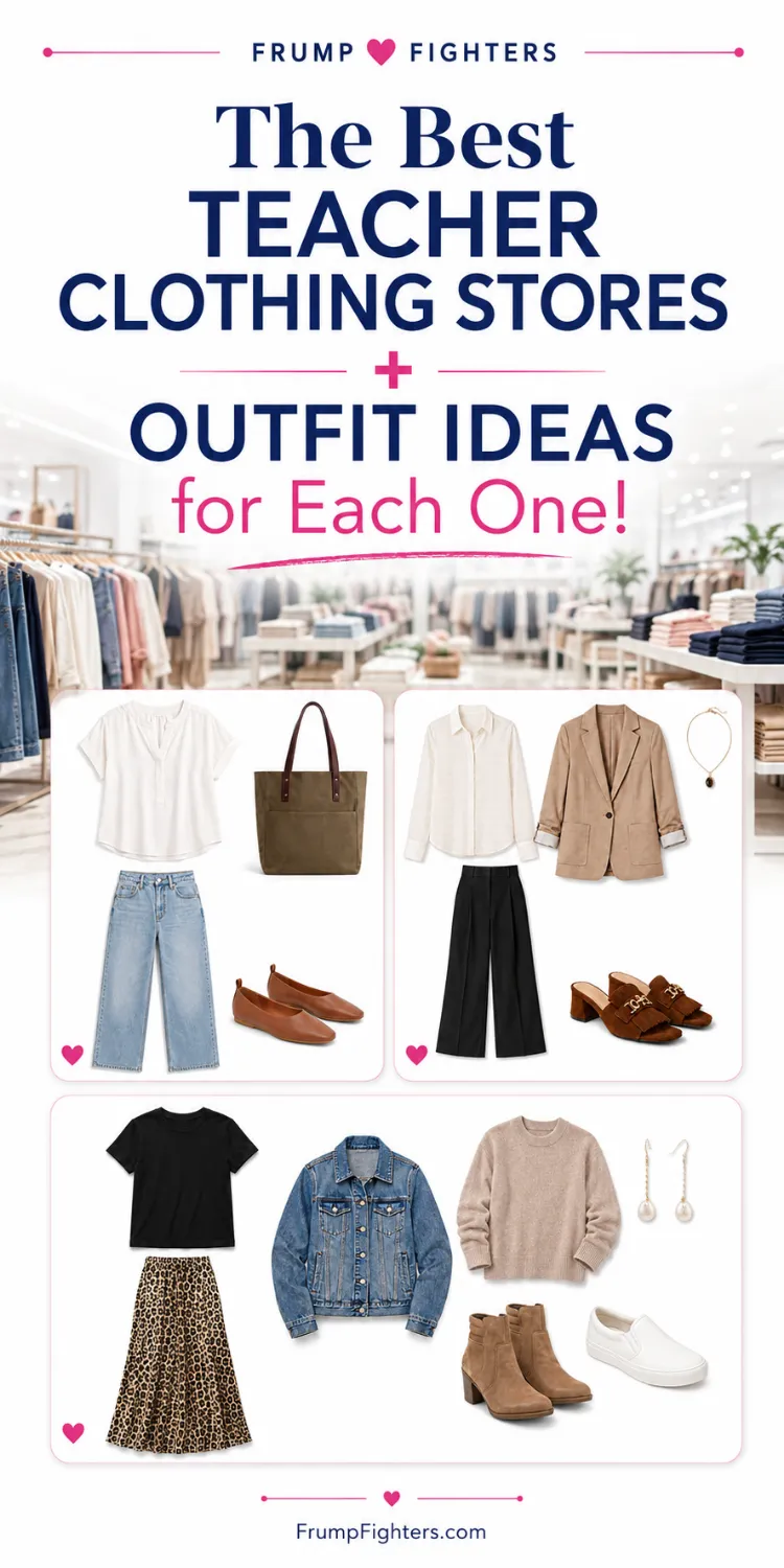 Three teacher outfit collages with jeans, blouses and flats, text overlay: The Best Teacher Clothing Stores