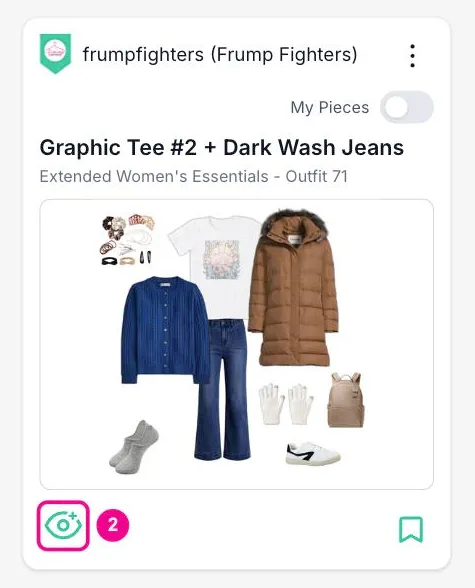 An outfit card with the eye icon (See more examples) in the bottom left corner highlighted