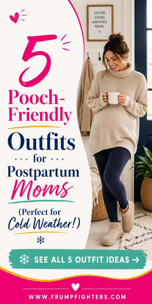 A mom in an oversized turtleneck sweater and leggings holding a coffee mug — a cozy, pooch-friendly postpartum outfit for cold weather.