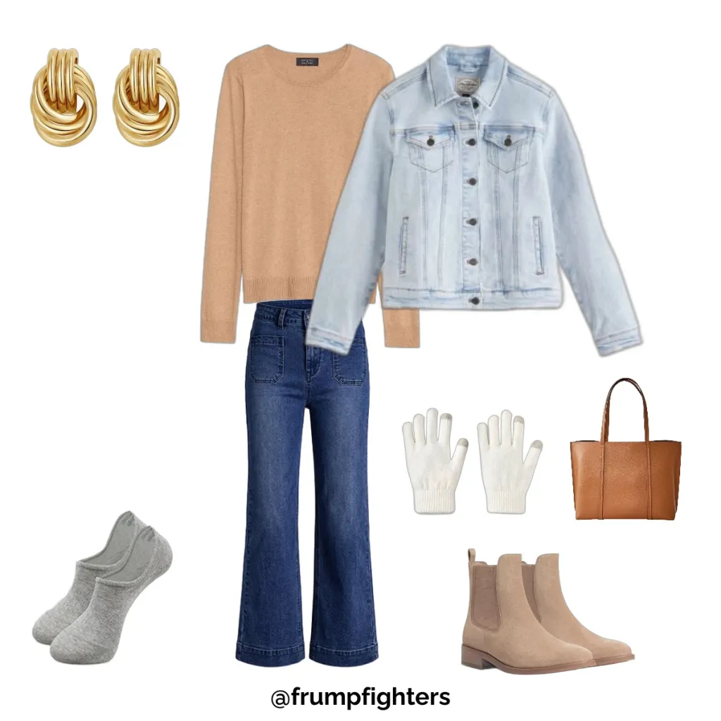 Fall mom uniform flat lay with camel sweater, light denim jacket, flare jeans, tan booties and leather tote