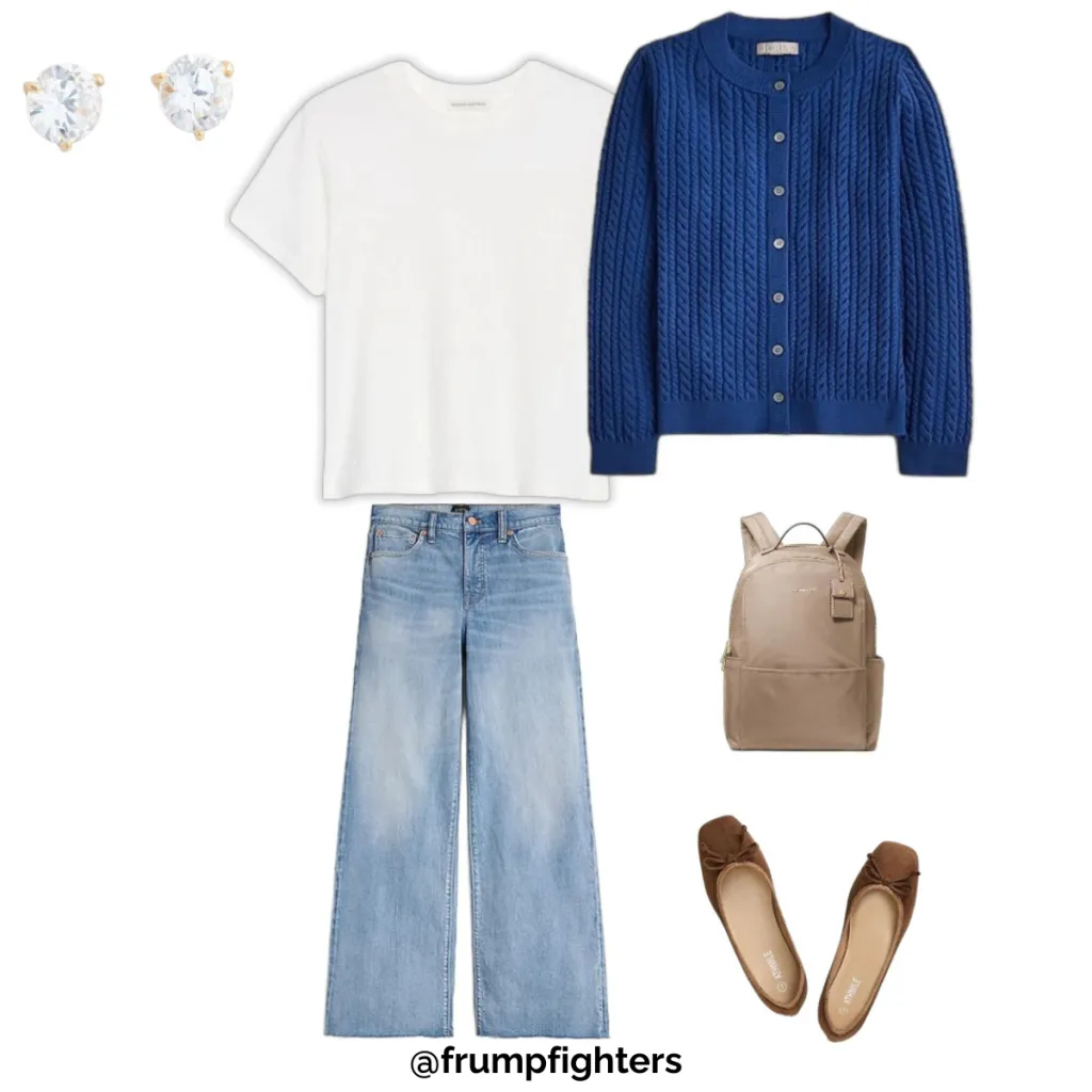 Spring mom uniform flat lay with white tee, blue cardigan, wide leg jeans, brown flats and backpack