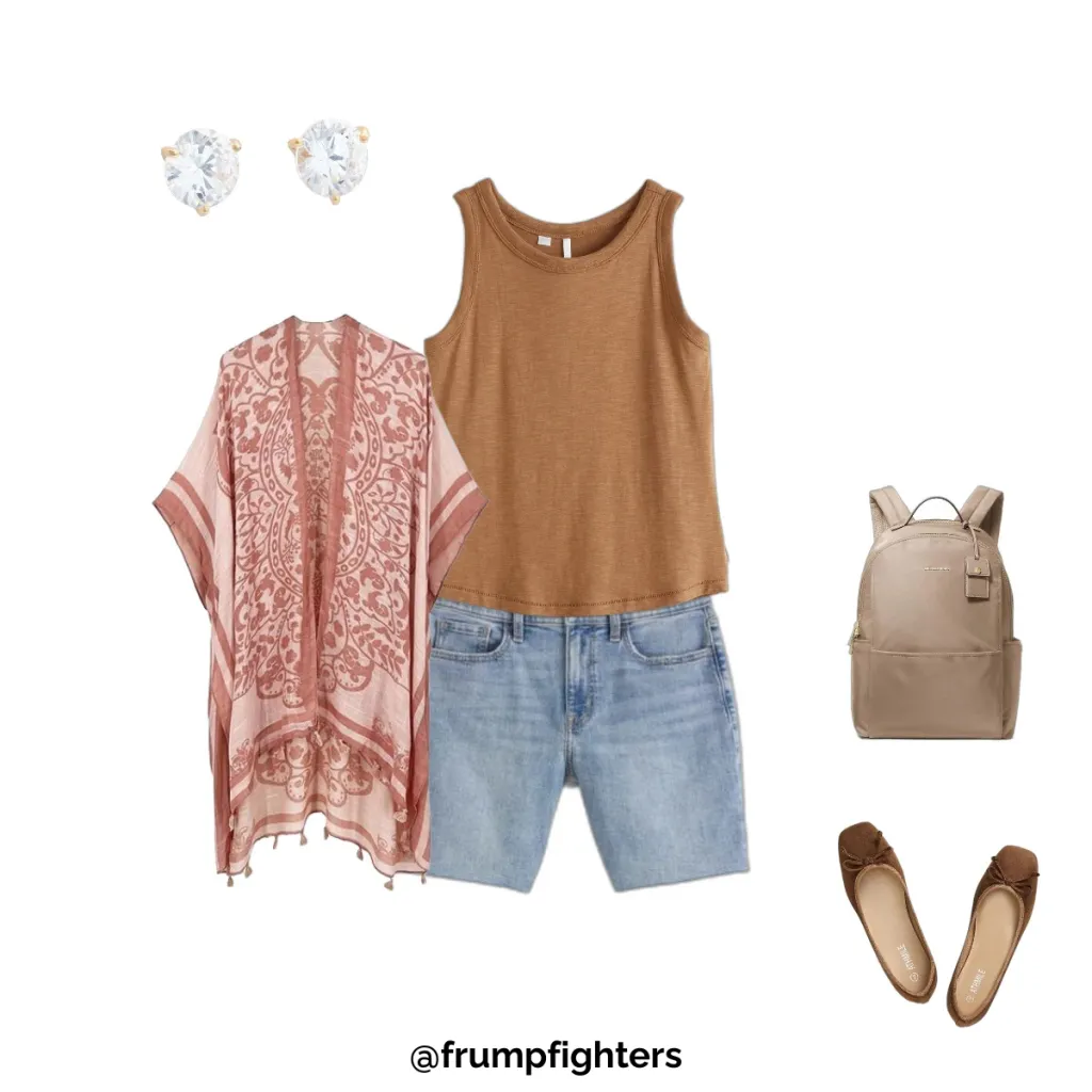 Summer mom uniform flat lay with tan tank, denim shorts, pink print kimono, brown flats and backpack