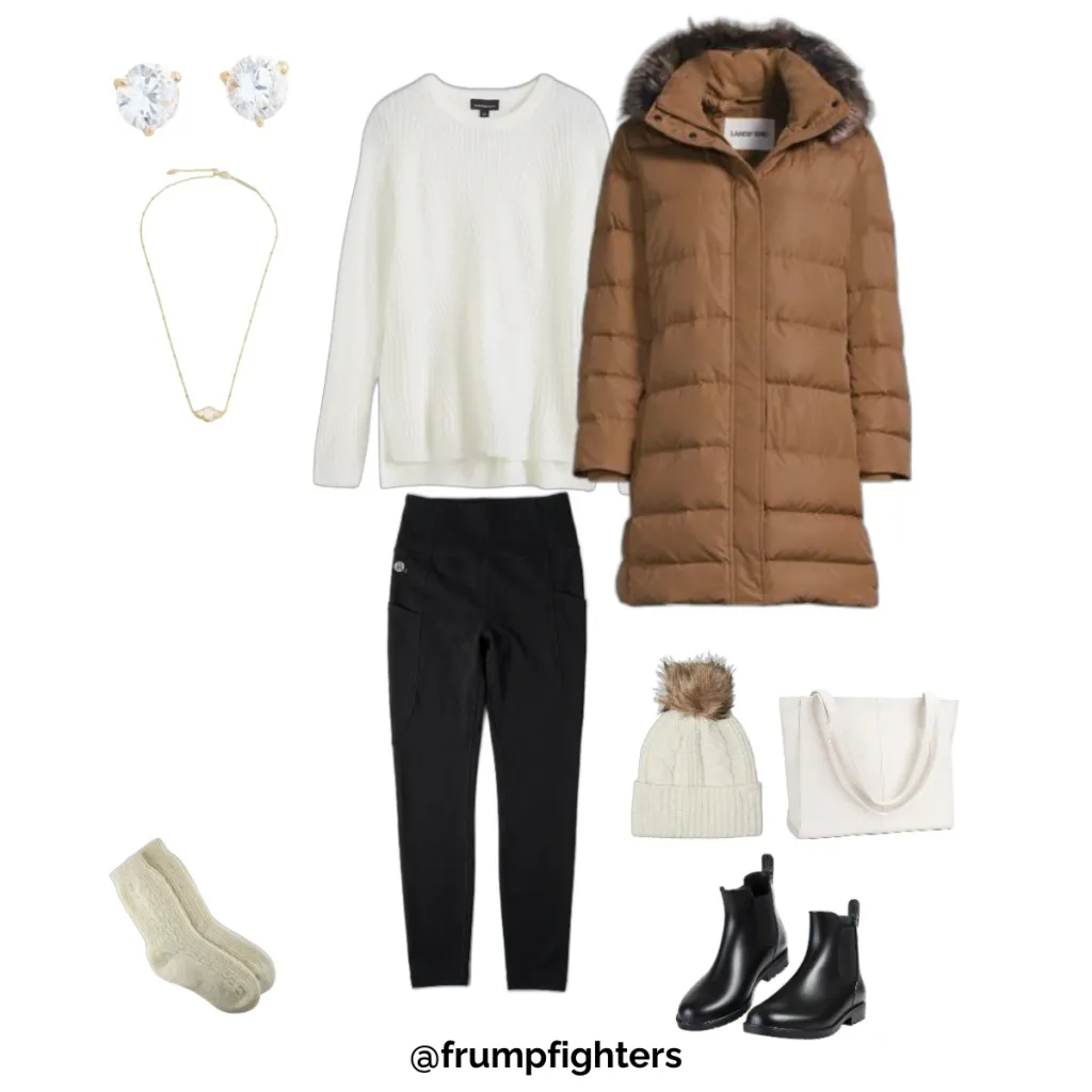 Winter mom uniform flat lay with white sweater, black leggings, camel puffer coat, knit hat and rain boots
